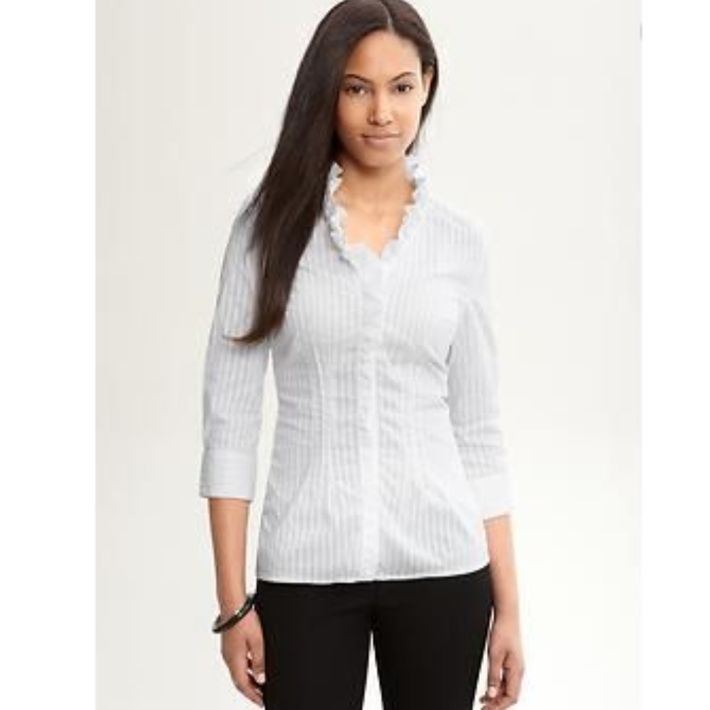 BANANA REPUBLIC Shadow Stripe Ruffle-Neck Shirt